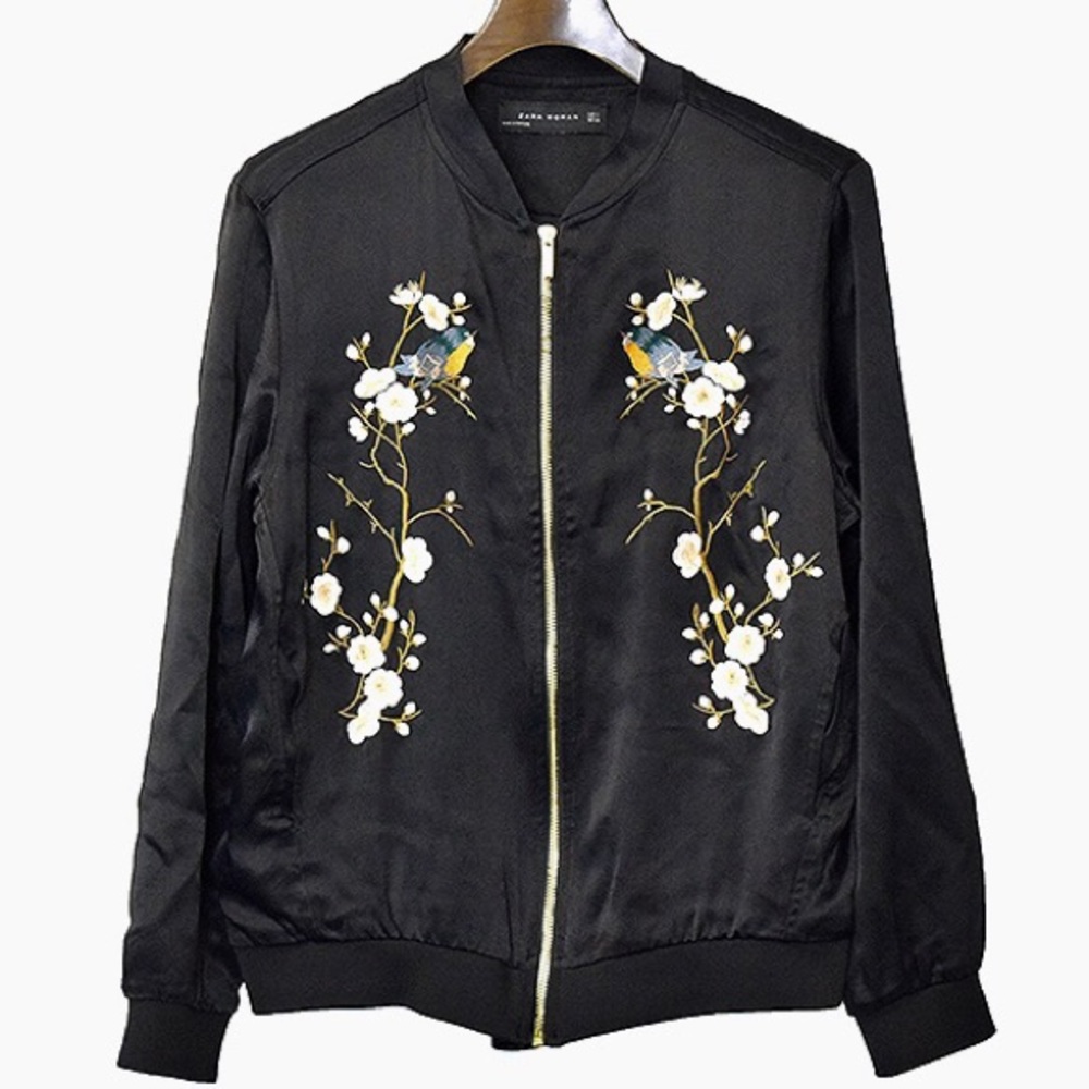 Zara Black Satin Bomber Jacket Embriodered